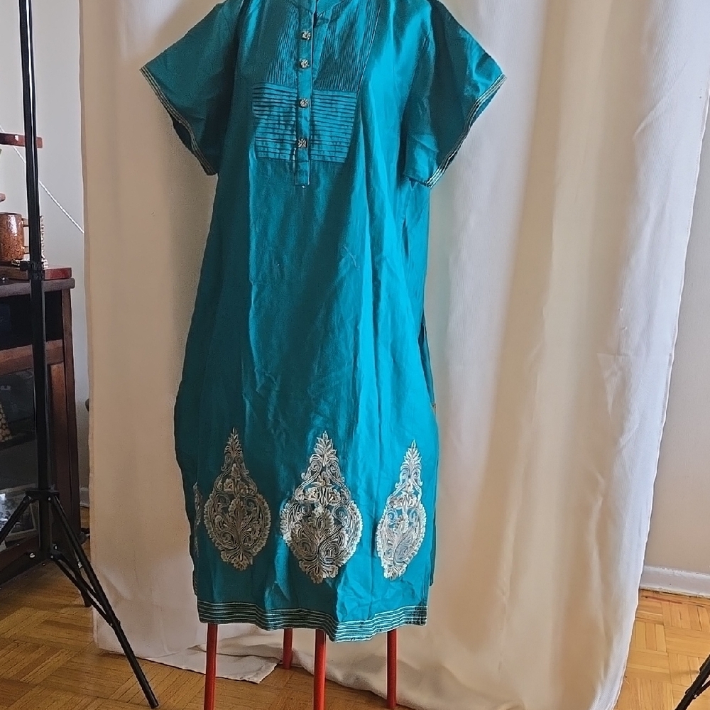 Teal Dress with Silver Embroidery